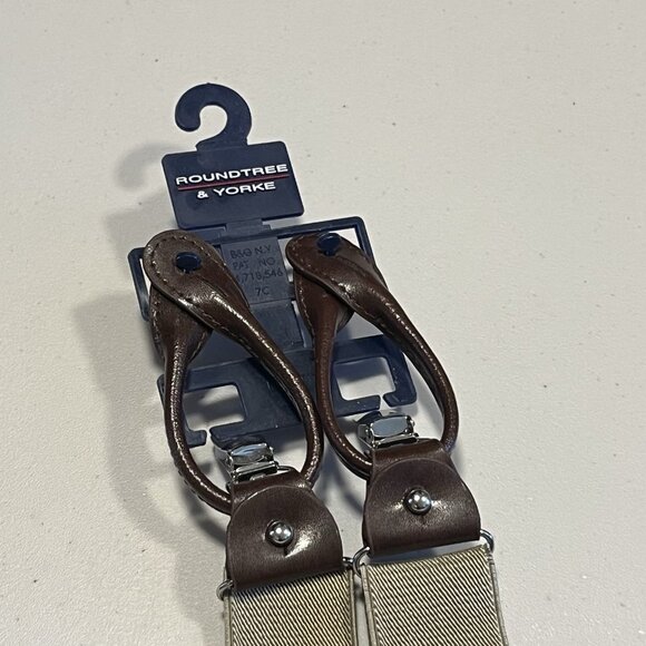 NWT Men’s Roundtree & Yorke Dress Suspenders Y Back Beige Tan Silver Clip On - Picture 2 of 7